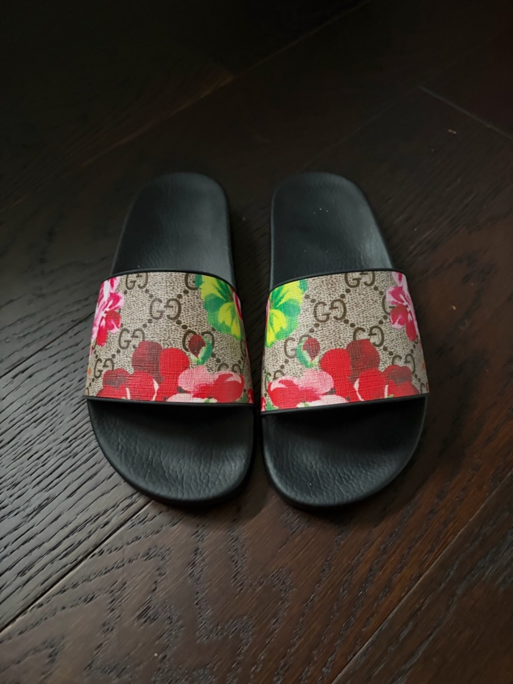 Gucci Black Slide Sandals with Red, Pink & Green Floral Monogram Strap